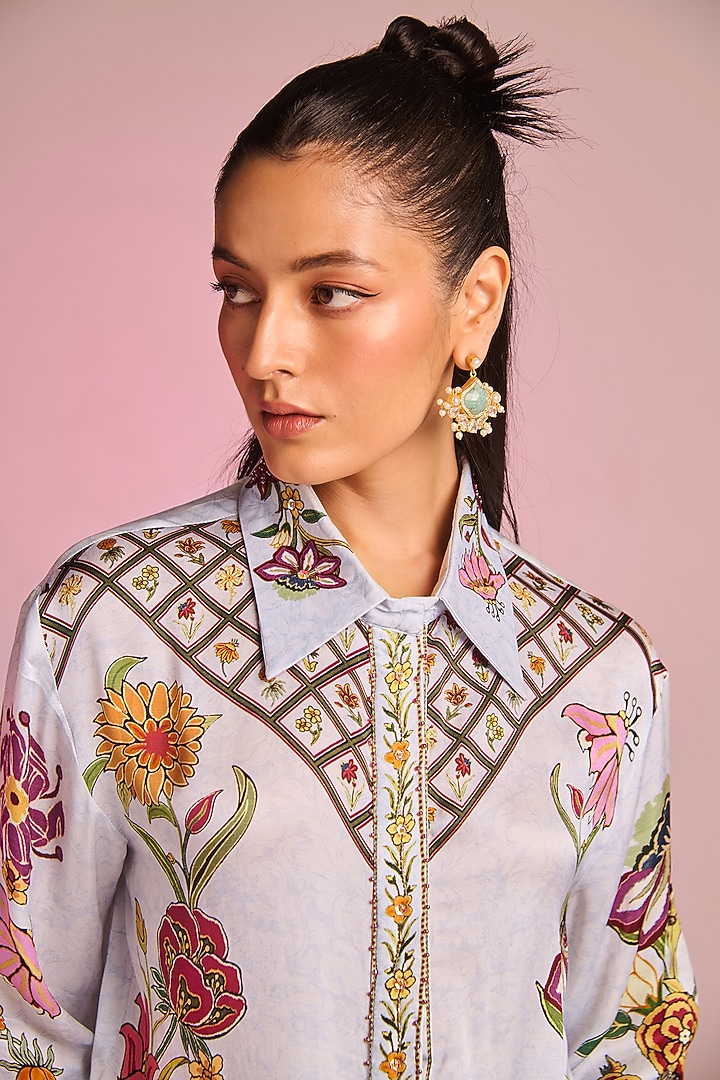 Powder Blue Satin Floral Printed Button-Down Shirt by Kalista at Pernia's Pop Up Shop