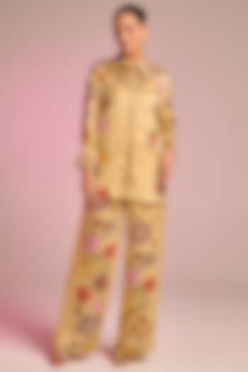 Beige Satin Floral Printed Button-Down Shirt by Kalista at Pernia's Pop Up Shop