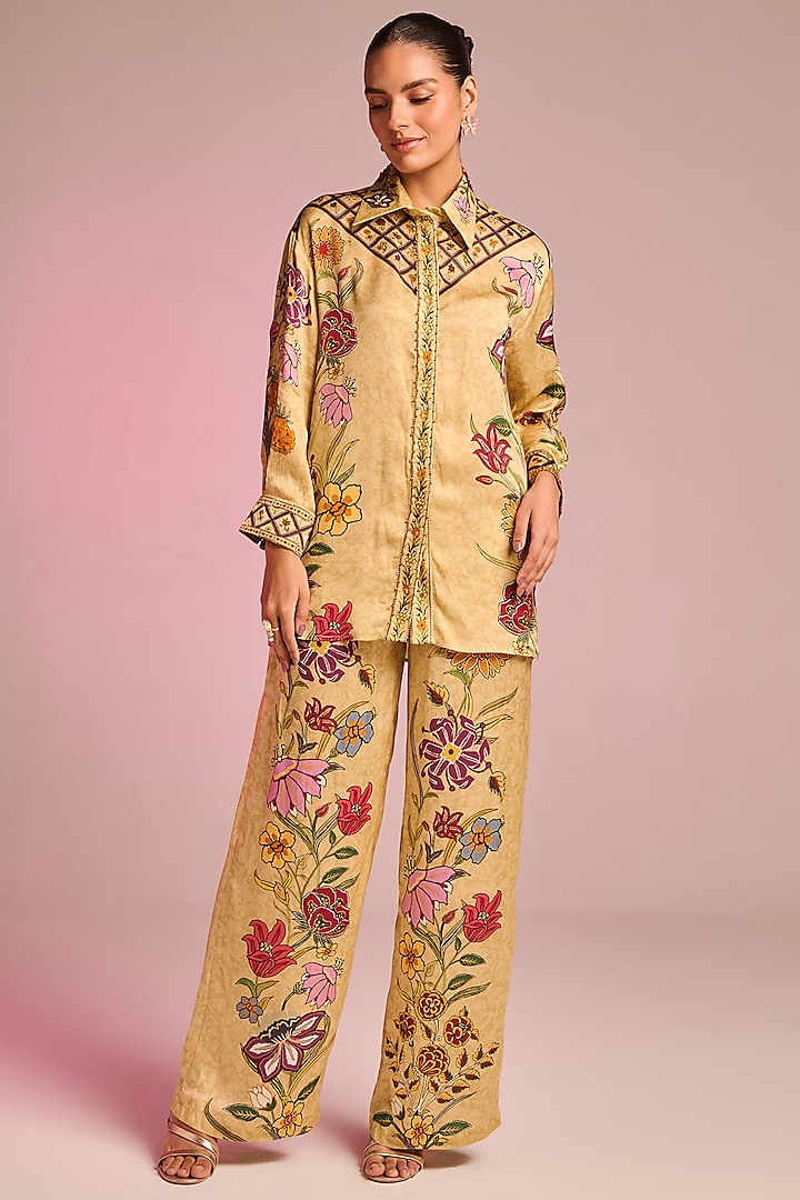 Beige Satin Floral Printed Button-Down Shirt by Kalista at Pernia's Pop Up Shop