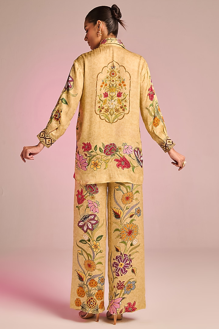 Beige Satin Floral Printed Button-Down Shirt by Kalista at Pernia's Pop Up Shop