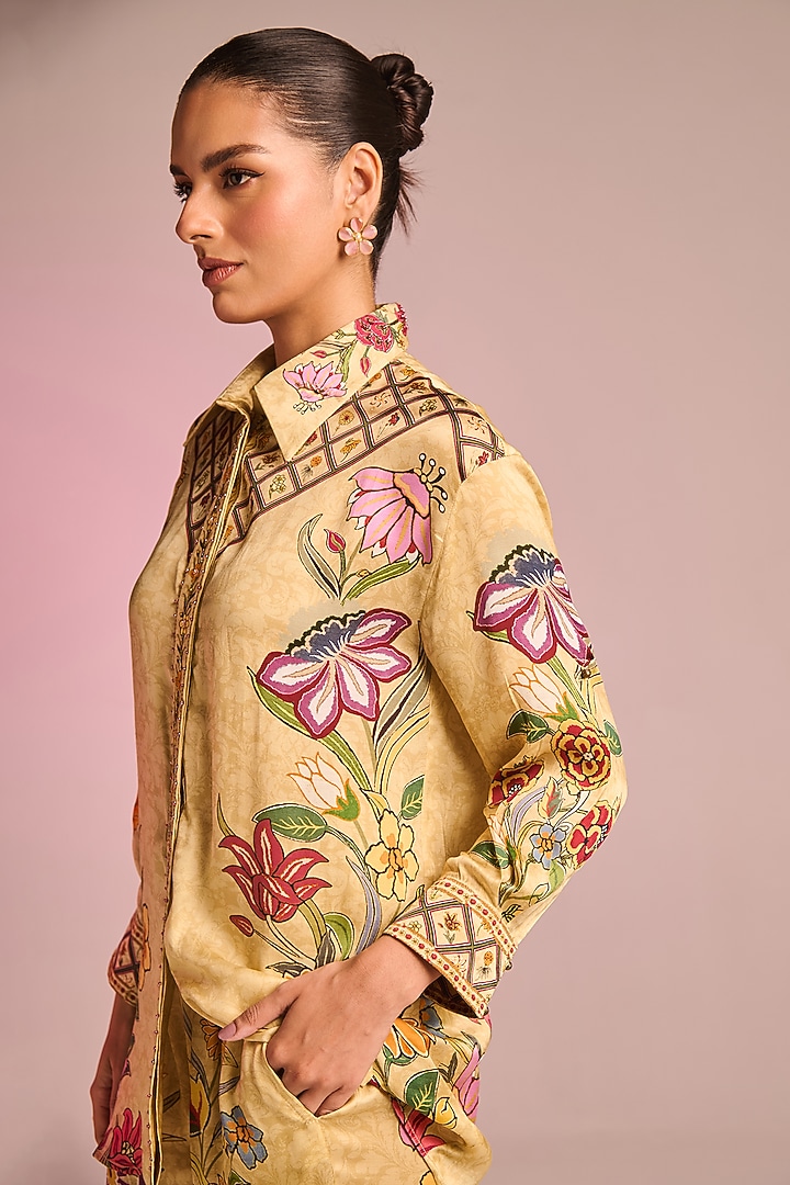 Beige Satin Floral Printed Button-Down Shirt by Kalista at Pernia's Pop Up Shop