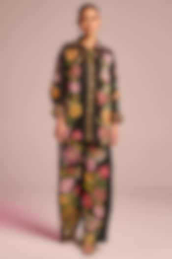 Black Satin Floral Printed Button-Down Shirt by Kalista at Pernia's Pop Up Shop