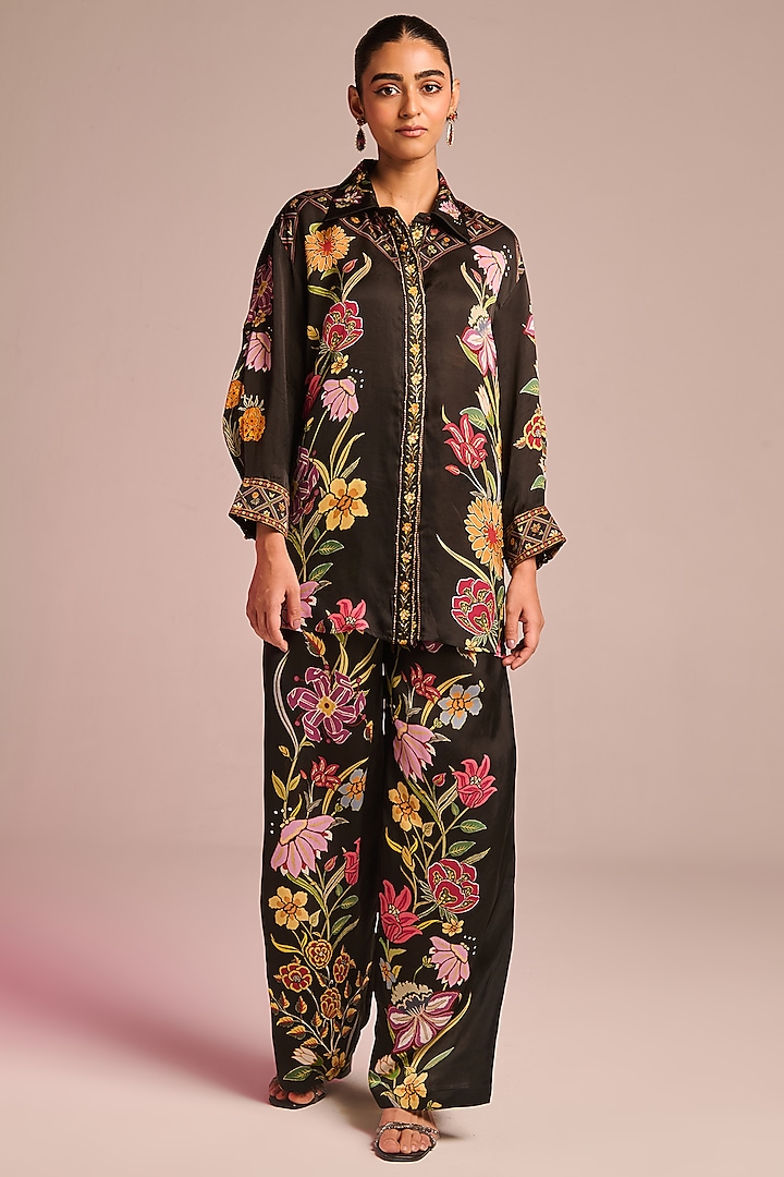 Black Satin Floral Printed Button-Down Shirt by Kalista at Pernia's Pop Up Shop