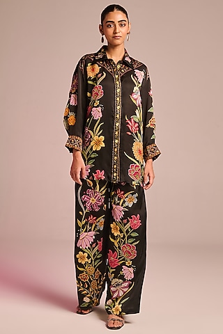 Black Satin Floral Printed Button-Down Shirt by Kalista