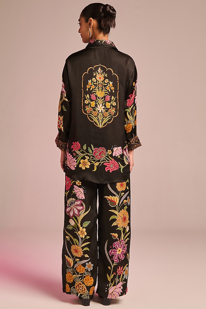 Black Satin Floral Printed Button-Down Shirt by Kalista at Pernia's Pop Up Shop