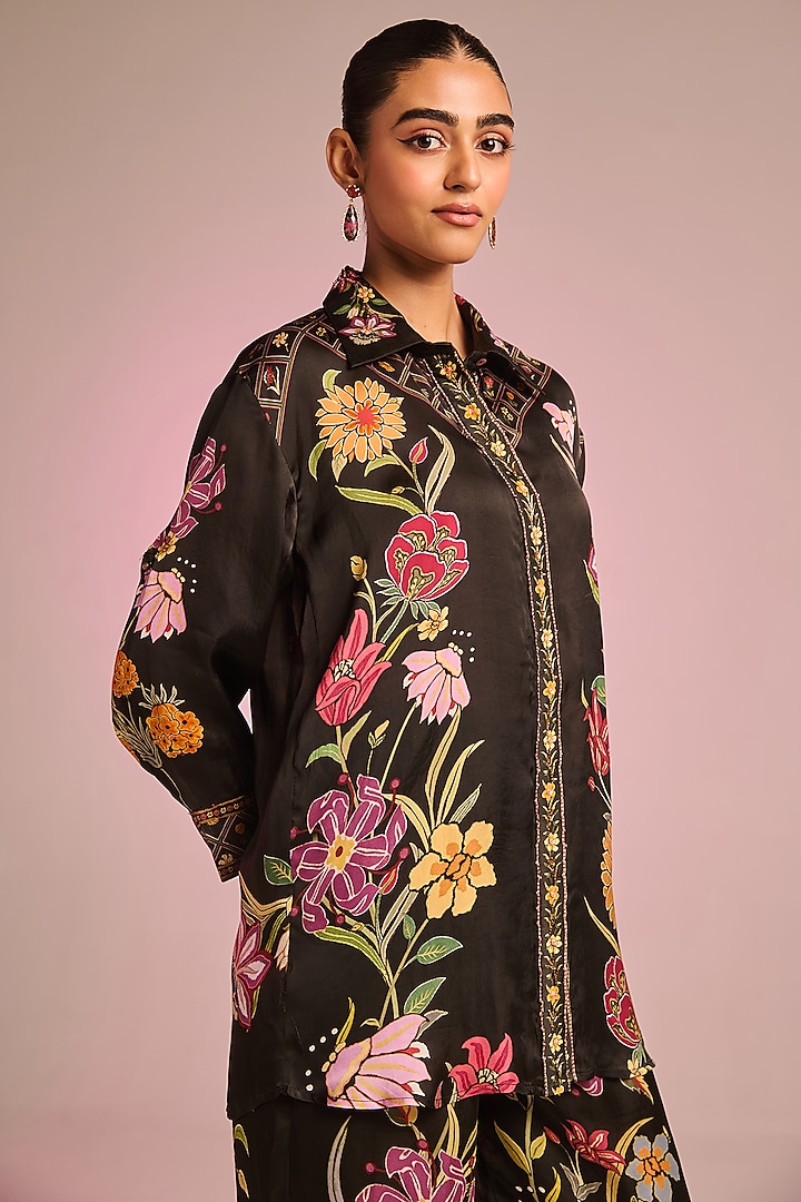Black Satin Floral Printed Button-Down Shirt by Kalista at Pernia's Pop Up Shop