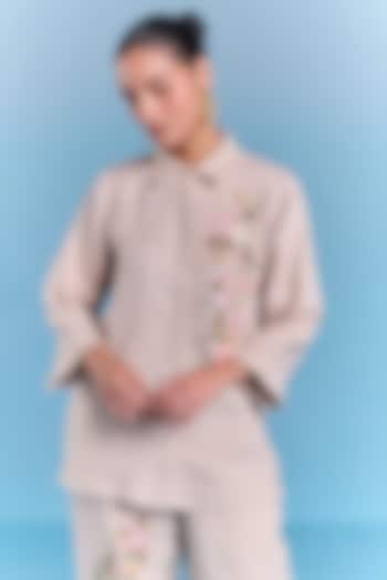 Beige Cotton Linen Floral Embroidered Shirt by Kalista at Pernia's Pop Up Shop