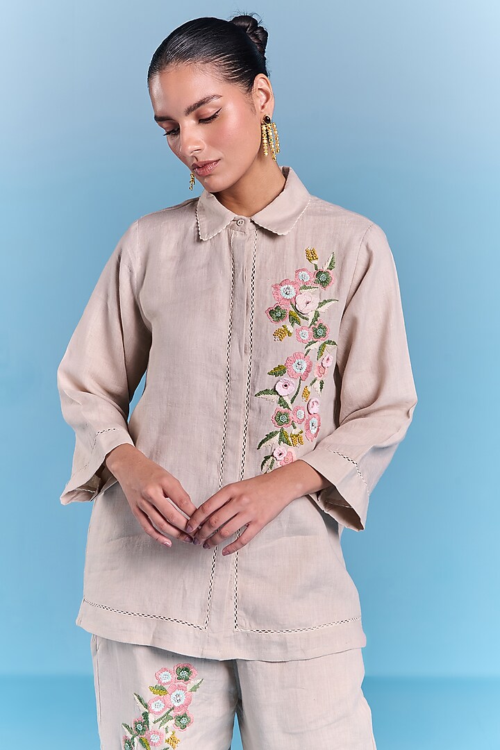 Beige Cotton Linen Floral Embroidered Shirt by Kalista at Pernia's Pop Up Shop