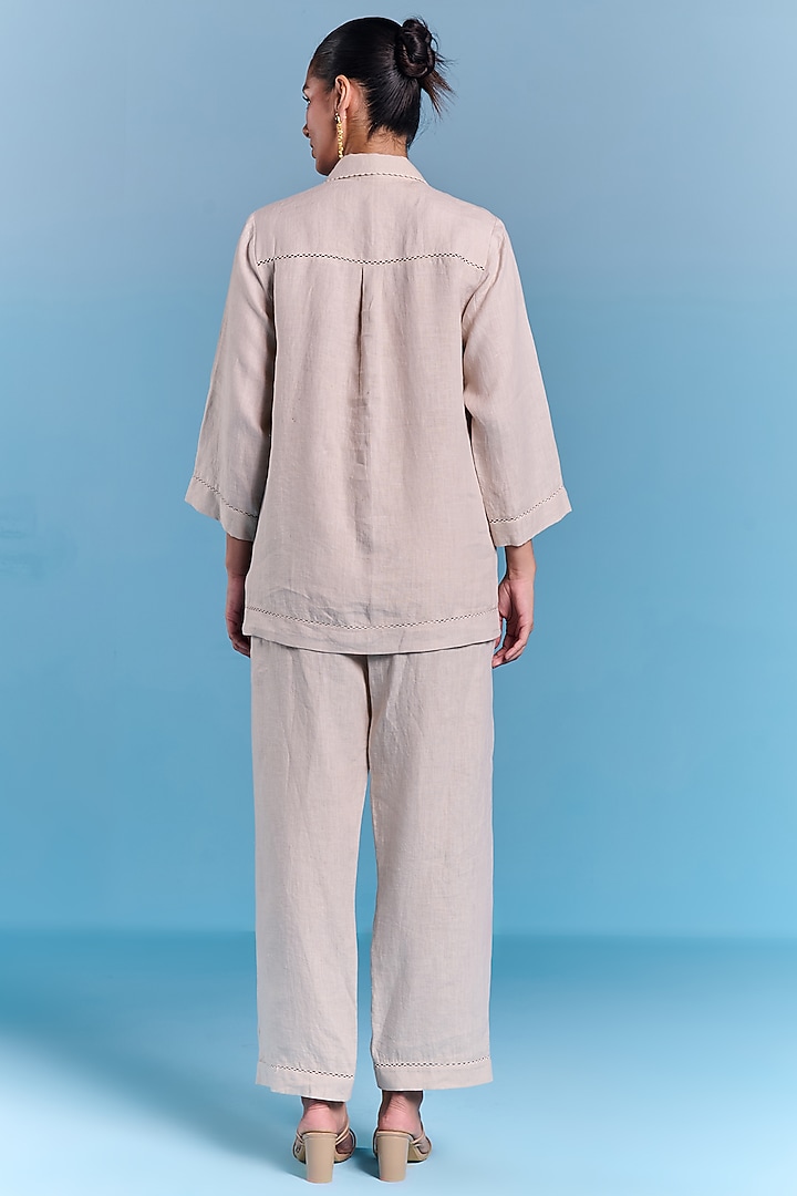 Beige Cotton Linen Floral Embroidered Shirt by Kalista at Pernia's Pop Up Shop