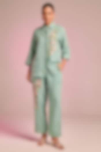 Seafoam Green Cotton Linen Floral Embroidered Shirt by Kalista at Pernia's Pop Up Shop