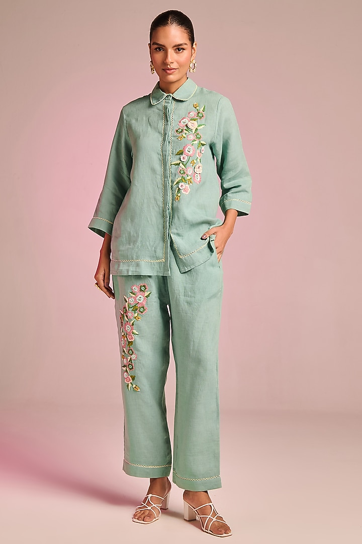 Seafoam Green Cotton Linen Floral Embroidered Shirt by Kalista at Pernia's Pop Up Shop
