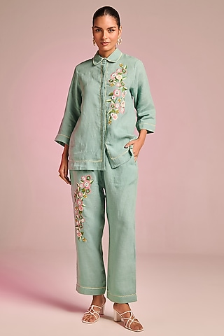 Seafoam Green Cotton Linen Floral Embroidered Shirt by Kalista