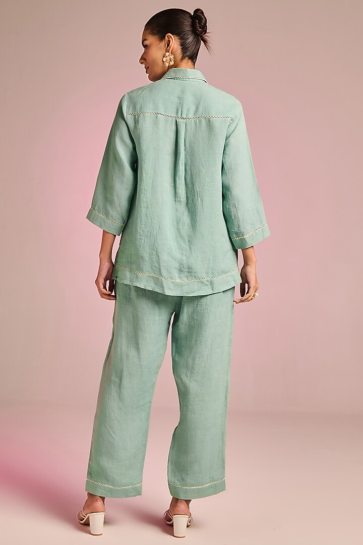 Seafoam Green Cotton Linen Floral Embroidered Shirt by Kalista at Pernia's Pop Up Shop