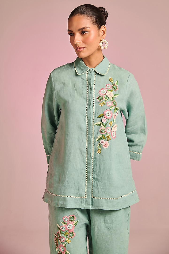 Seafoam Green Cotton Linen Floral Embroidered Shirt by Kalista at Pernia's Pop Up Shop
