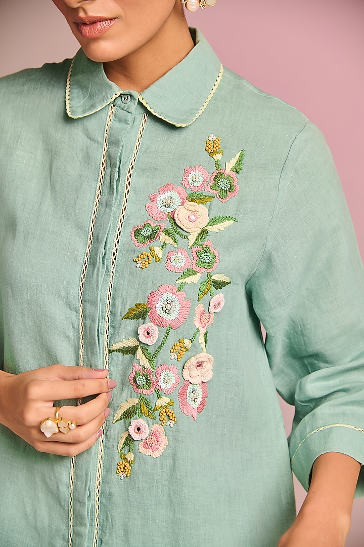 Seafoam Green Cotton Linen Floral Embroidered Shirt by Kalista at Pernia's Pop Up Shop