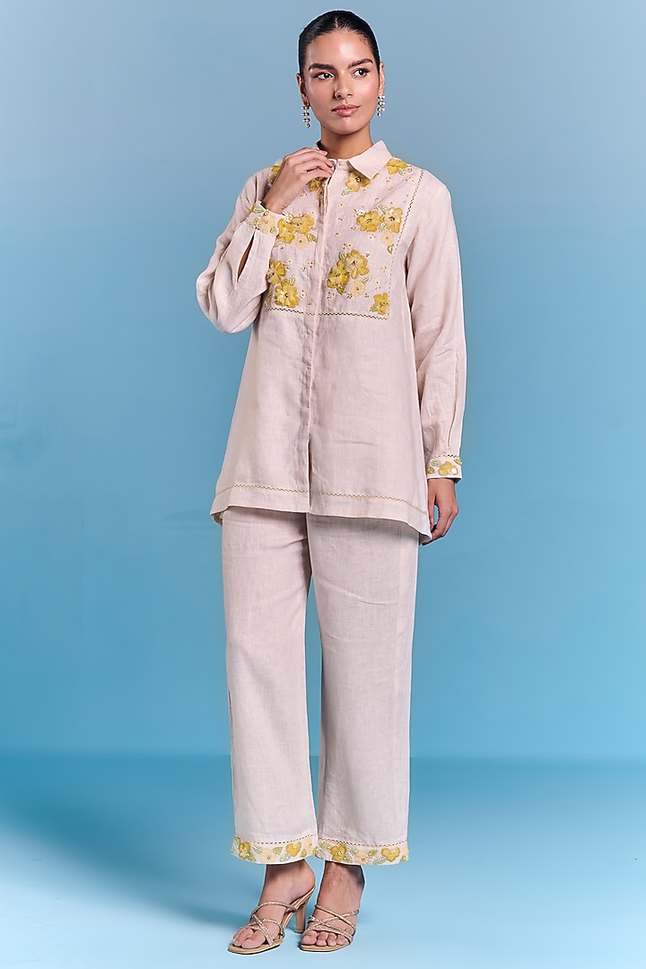Beige Cotton Linen Floral Embroidered Tunic by Kalista at Pernia's Pop Up Shop