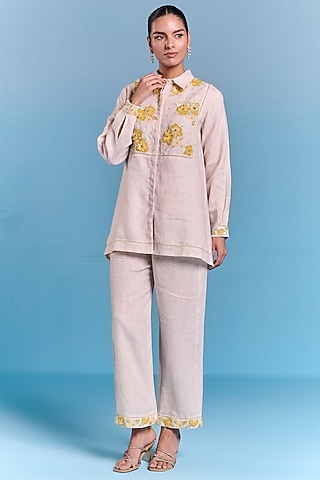 Beige Cotton Linen Floral Embroidered Tunic by Kalista