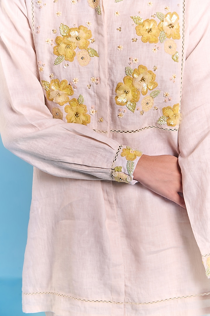Beige Cotton Linen Floral Embroidered Tunic by Kalista at Pernia's Pop Up Shop