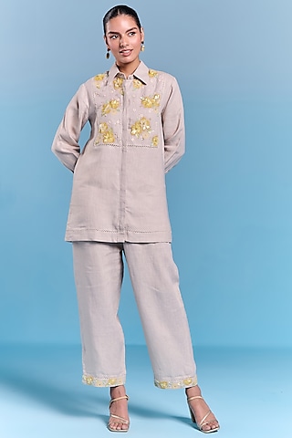 Off-White Cotton Linen Floral Embroidered Tunic by Kalista