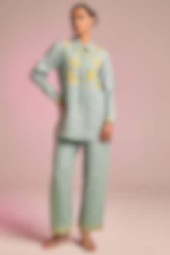 Sea Blue Cotton Linen Floral Embroidered Shirt by Kalista at Pernia's Pop Up Shop