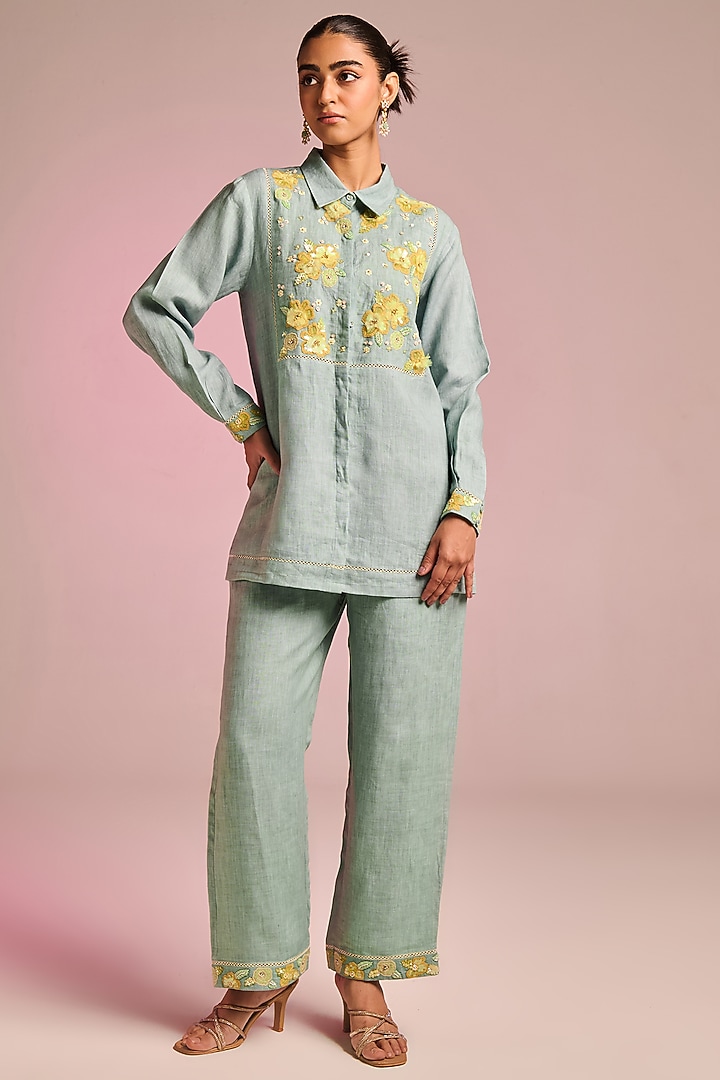Sea Blue Cotton Linen Floral Embroidered Shirt by Kalista at Pernia's Pop Up Shop