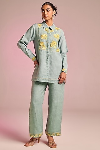 Sea Blue Cotton Linen Floral Embroidered Shirt by Kalista