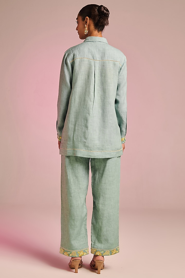 Sea Blue Cotton Linen Floral Embroidered Shirt by Kalista at Pernia's Pop Up Shop