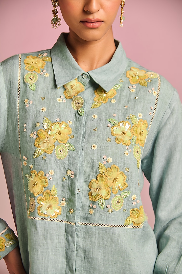 Sea Blue Cotton Linen Floral Embroidered Shirt by Kalista at Pernia's Pop Up Shop