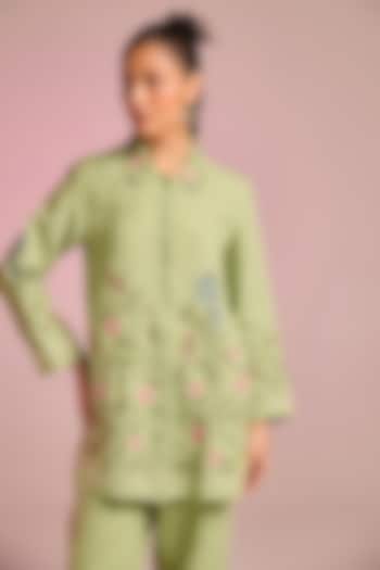 Mint Green Cotton Linen Floral Hand Embroidered Shirt by Kalista at Pernia's Pop Up Shop