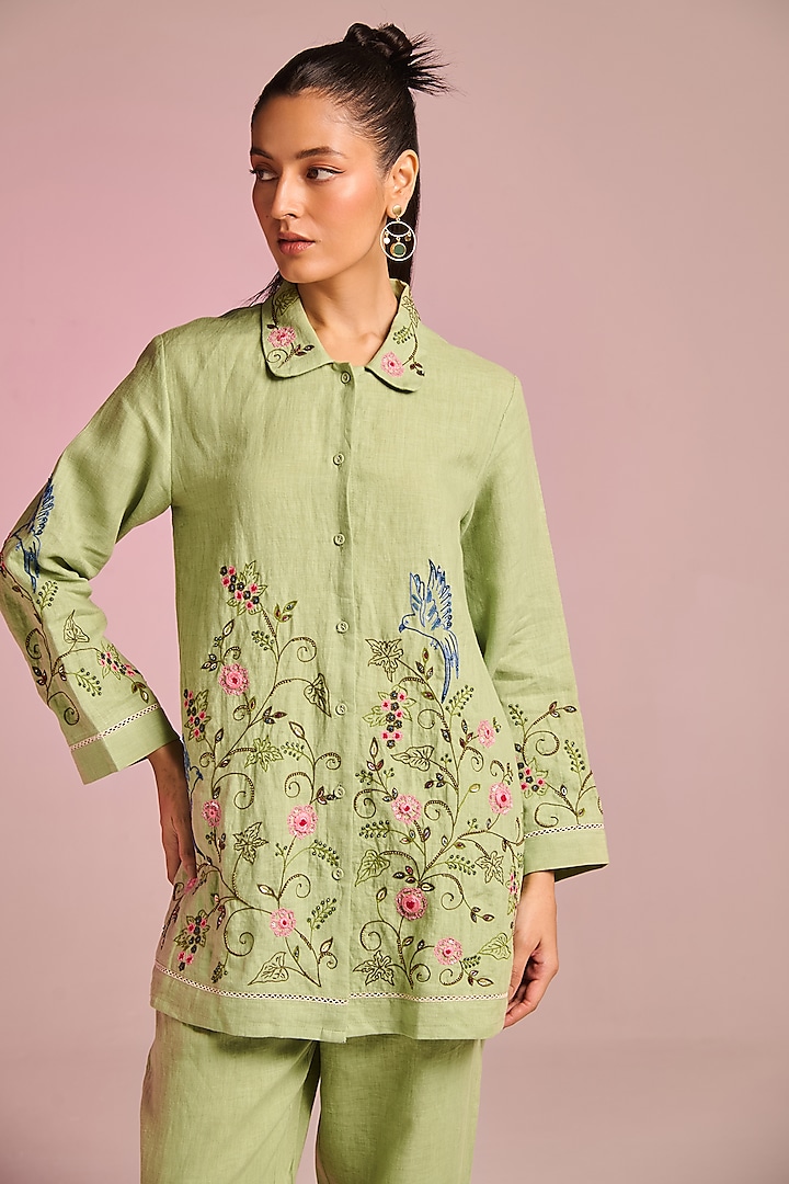 Mint Green Cotton Linen Floral Hand Embroidered Shirt by Kalista at Pernia's Pop Up Shop