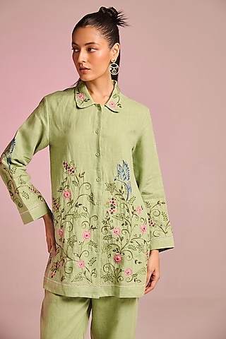 Mint Green Cotton Linen Floral Hand Embroidered Shirt by Kalista