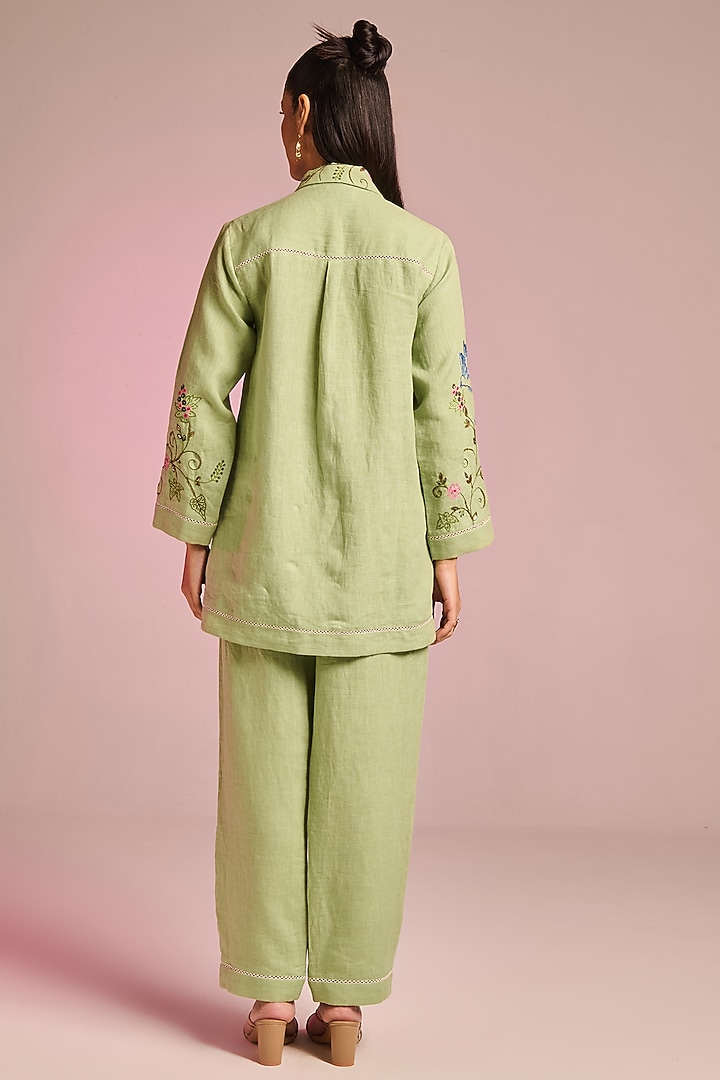 Mint Green Cotton Linen Floral Hand Embroidered Shirt by Kalista at Pernia's Pop Up Shop