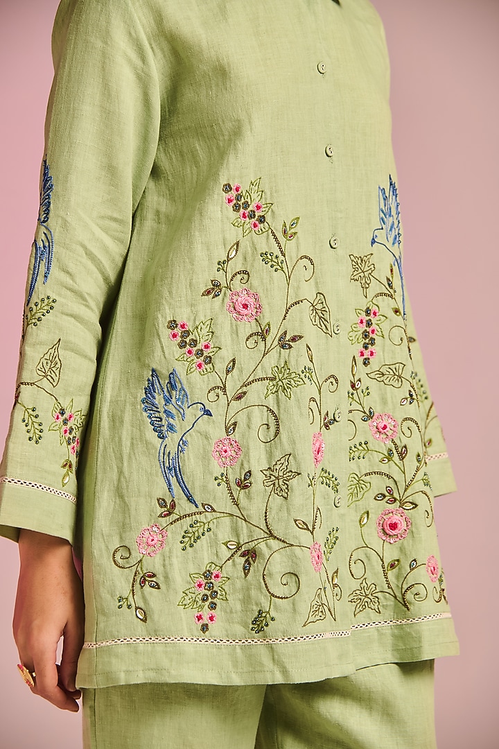 Mint Green Cotton Linen Floral Hand Embroidered Shirt by Kalista at Pernia's Pop Up Shop