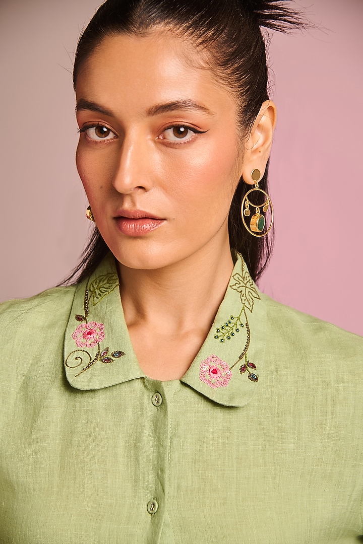 Mint Green Cotton Linen Floral Hand Embroidered Shirt by Kalista at Pernia's Pop Up Shop