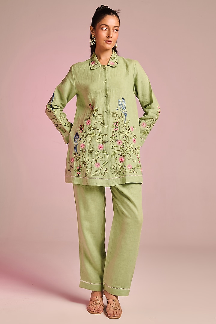 Mint Green Cotton Linen Floral Hand Embroidered Shirt by Kalista at Pernia's Pop Up Shop