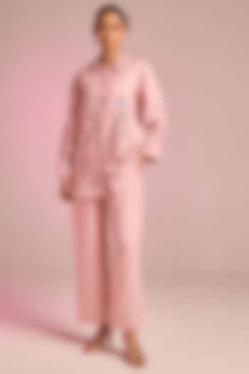 Baby Pink Cotton Linen Floral Hand Embroidered Shirt by Kalista at Pernia's Pop Up Shop