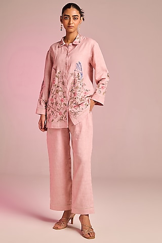 Baby Pink Cotton Linen Floral Hand Embroidered Shirt by Kalista