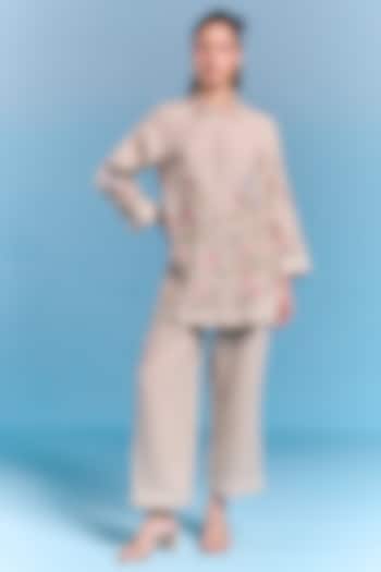 Light Grey Cotton Linen Floral Hand Embroidered Shirt by Kalista at Pernia's Pop Up Shop