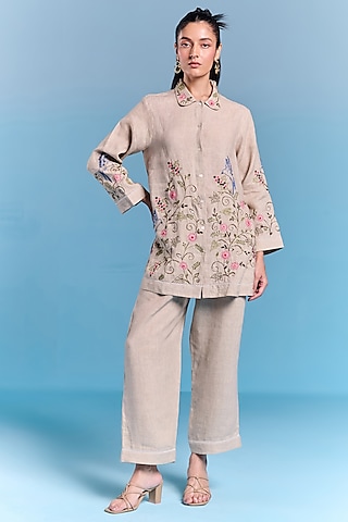 Light Grey Cotton Linen Floral Hand Embroidered Shirt by Kalista