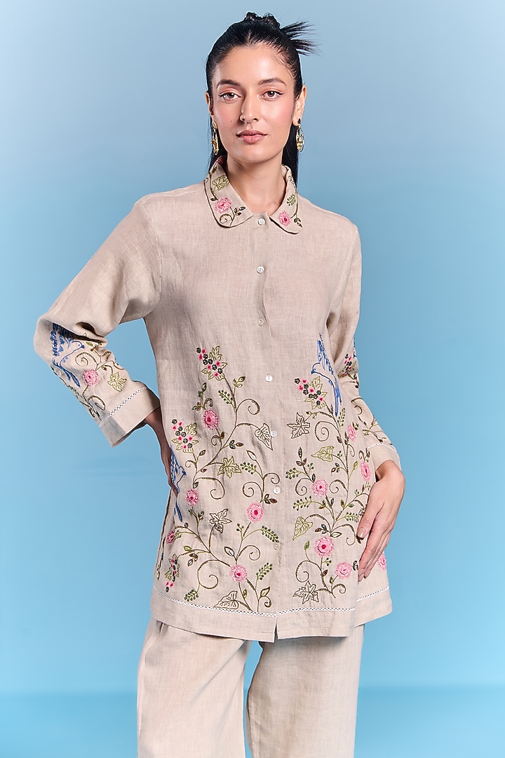 Light Grey Cotton Linen Floral Hand Embroidered Shirt by Kalista at Pernia's Pop Up Shop