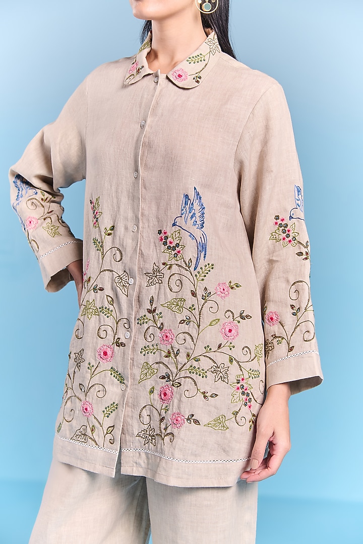 Light Grey Cotton Linen Floral Hand Embroidered Shirt by Kalista at Pernia's Pop Up Shop