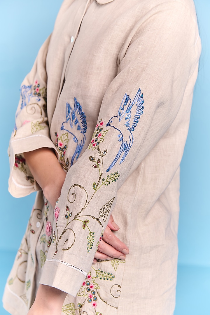 Light Grey Cotton Linen Floral Hand Embroidered Shirt by Kalista at Pernia's Pop Up Shop