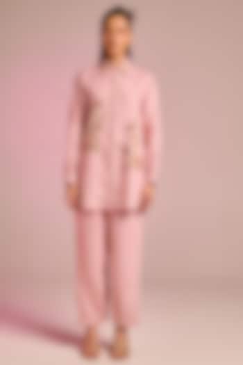 Blush Pink Cotton Linen Floral Embroidered Shirt by Kalista at Pernia's Pop Up Shop