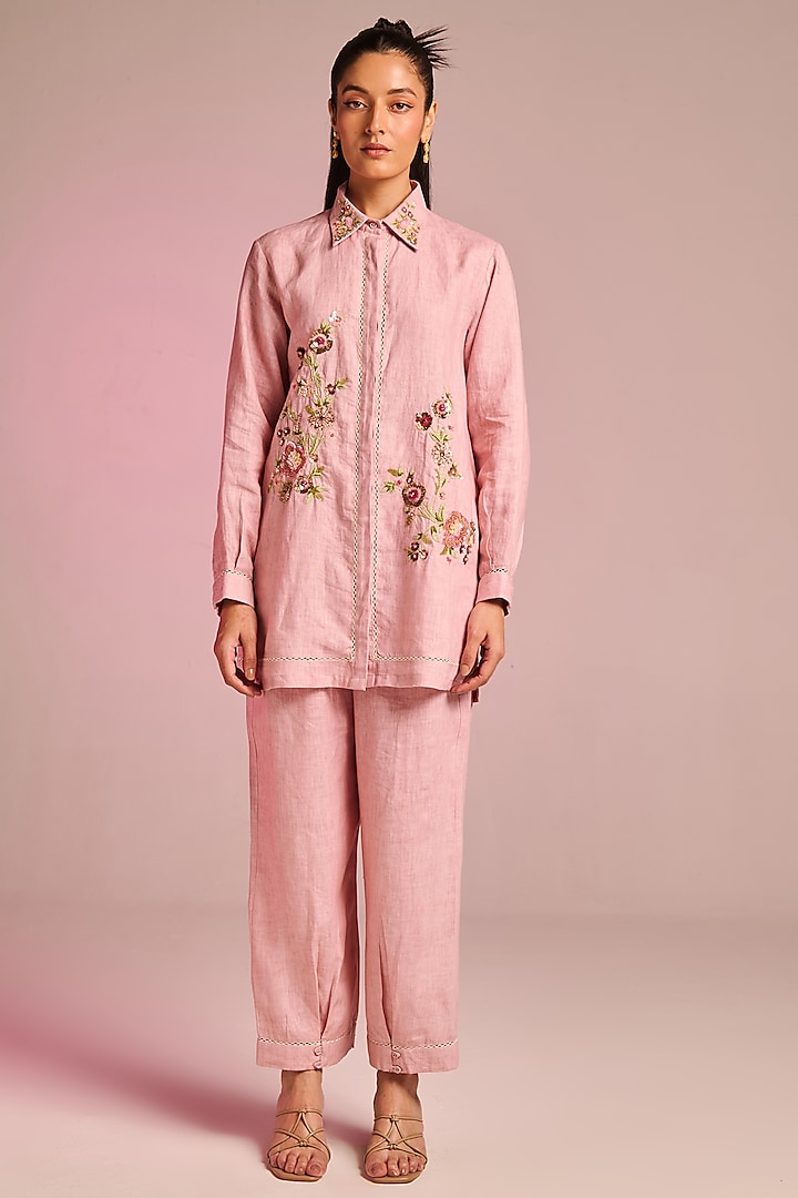 Blush Pink Cotton Linen Floral Embroidered Shirt by Kalista at Pernia's Pop Up Shop