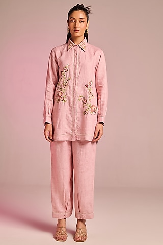 Blush Pink Cotton Linen Floral Embroidered Shirt by Kalista
