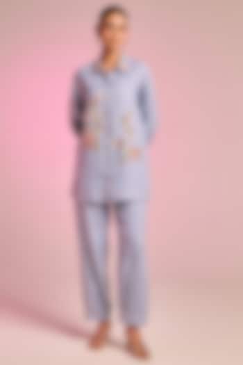 Powder Blue Cotton Linen Floral Embroidered Shirt by Kalista at Pernia's Pop Up Shop