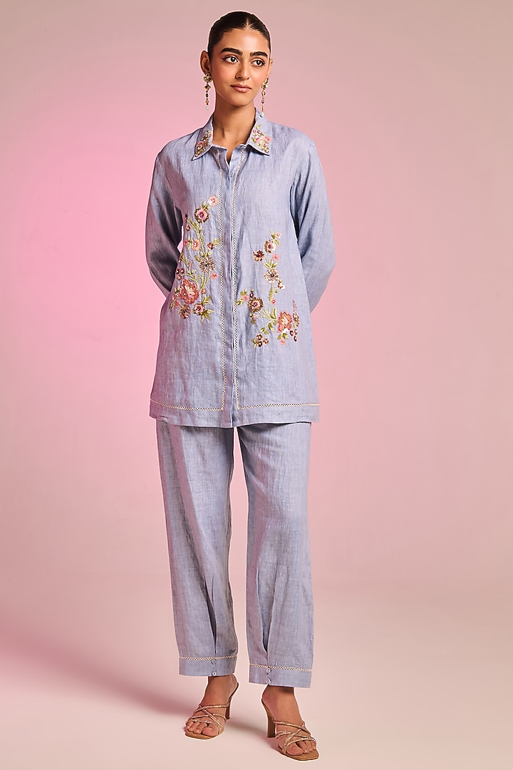 Powder Blue Cotton Linen Floral Embroidered Shirt by Kalista at Pernia's Pop Up Shop