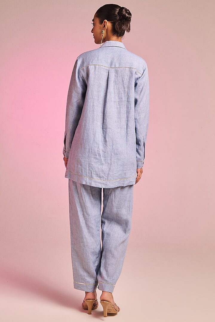 Powder Blue Cotton Linen Floral Embroidered Shirt by Kalista at Pernia's Pop Up Shop