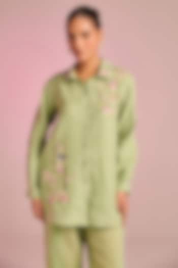 Mint Green Cotton Linen Floral Embroidered Shirt by Kalista at Pernia's Pop Up Shop