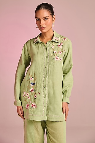 Mint Green Cotton Linen Floral Embroidered Shirt by Kalista